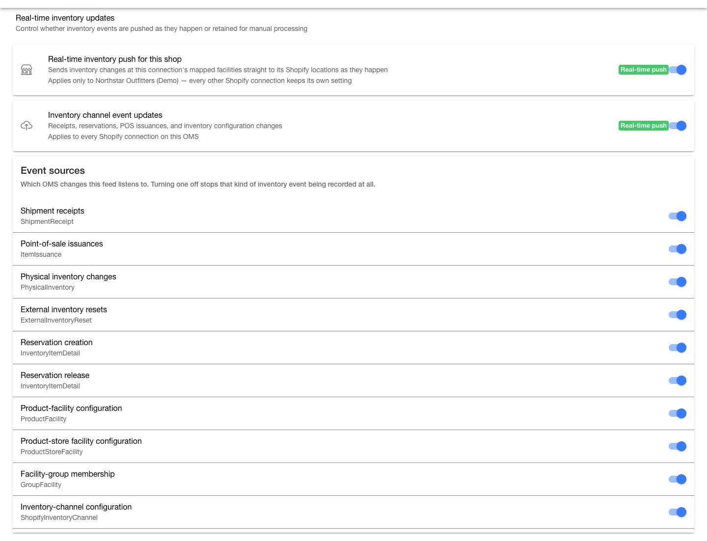 Real-time inventory updates section showing the shop-specific inventory toggle, OMS-wide channel feed toggle, and event source toggles