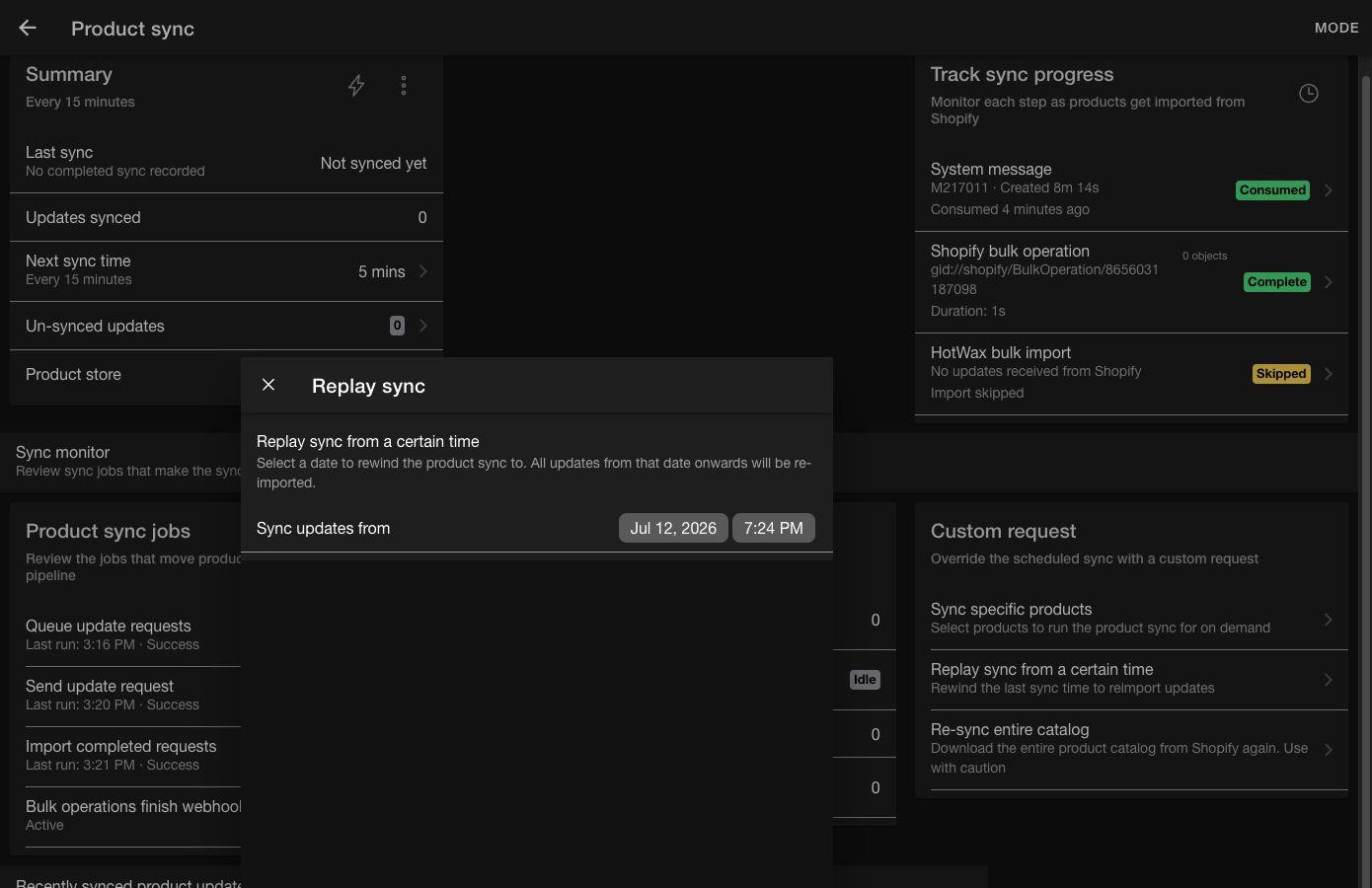 Replay sync dialog with date and time controls