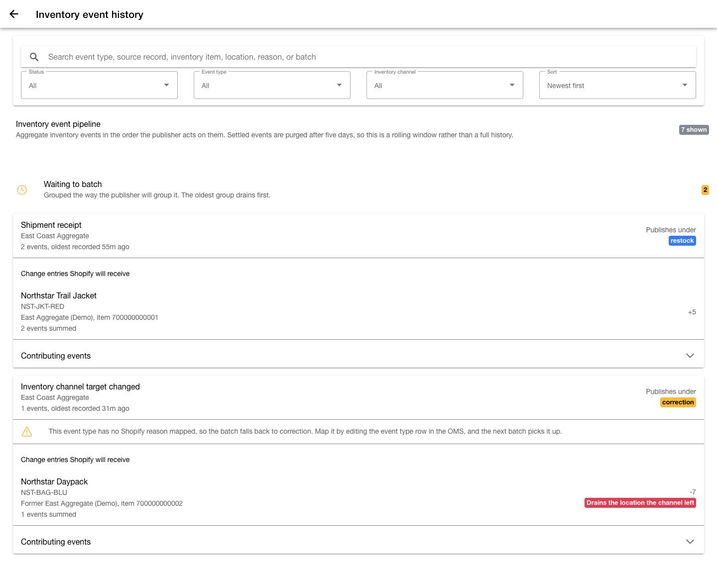 Inventory event pipeline showing search and filters above two fictional Waiting to batch groups with Shopify reasons and summed change entries