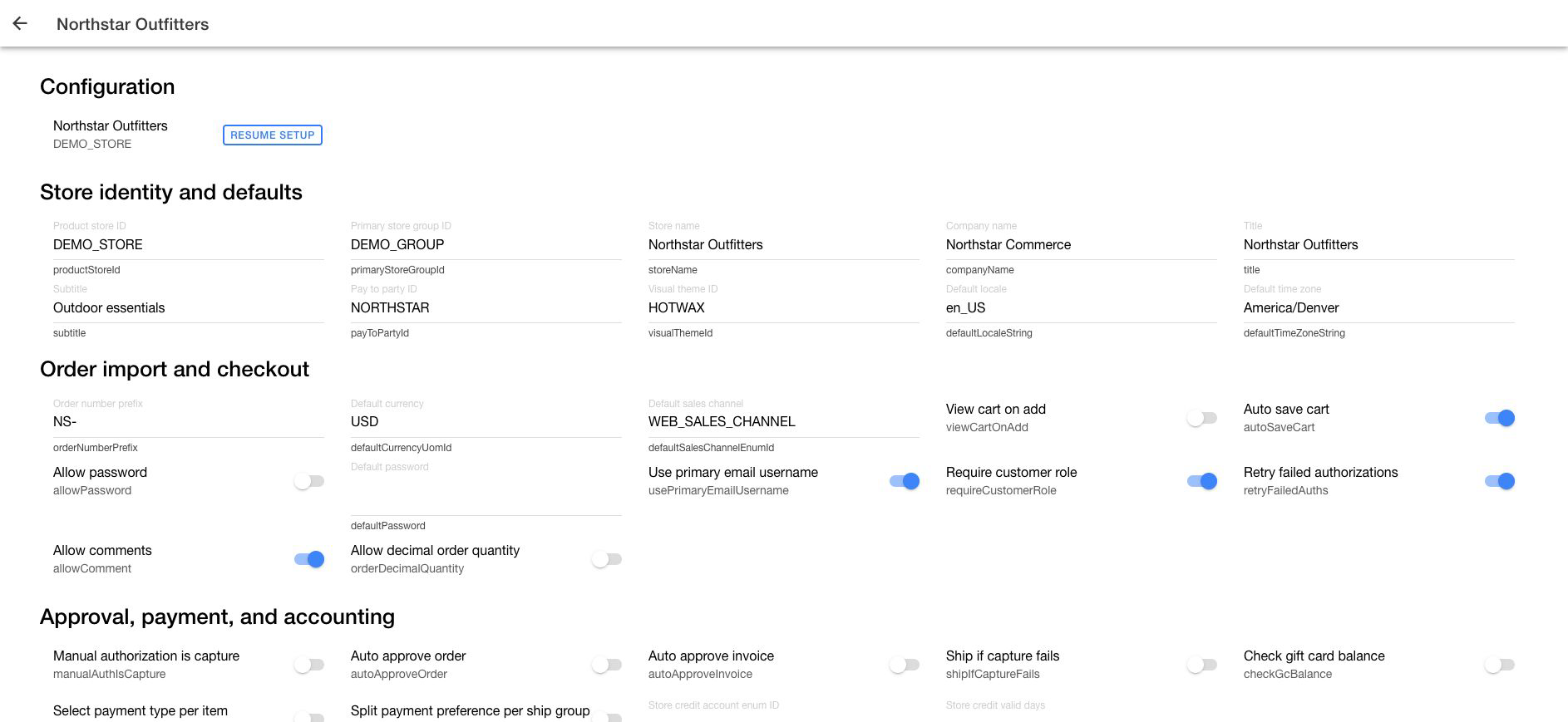 Product Store details for a demo store showing configuration groups, editable fields, and toggles