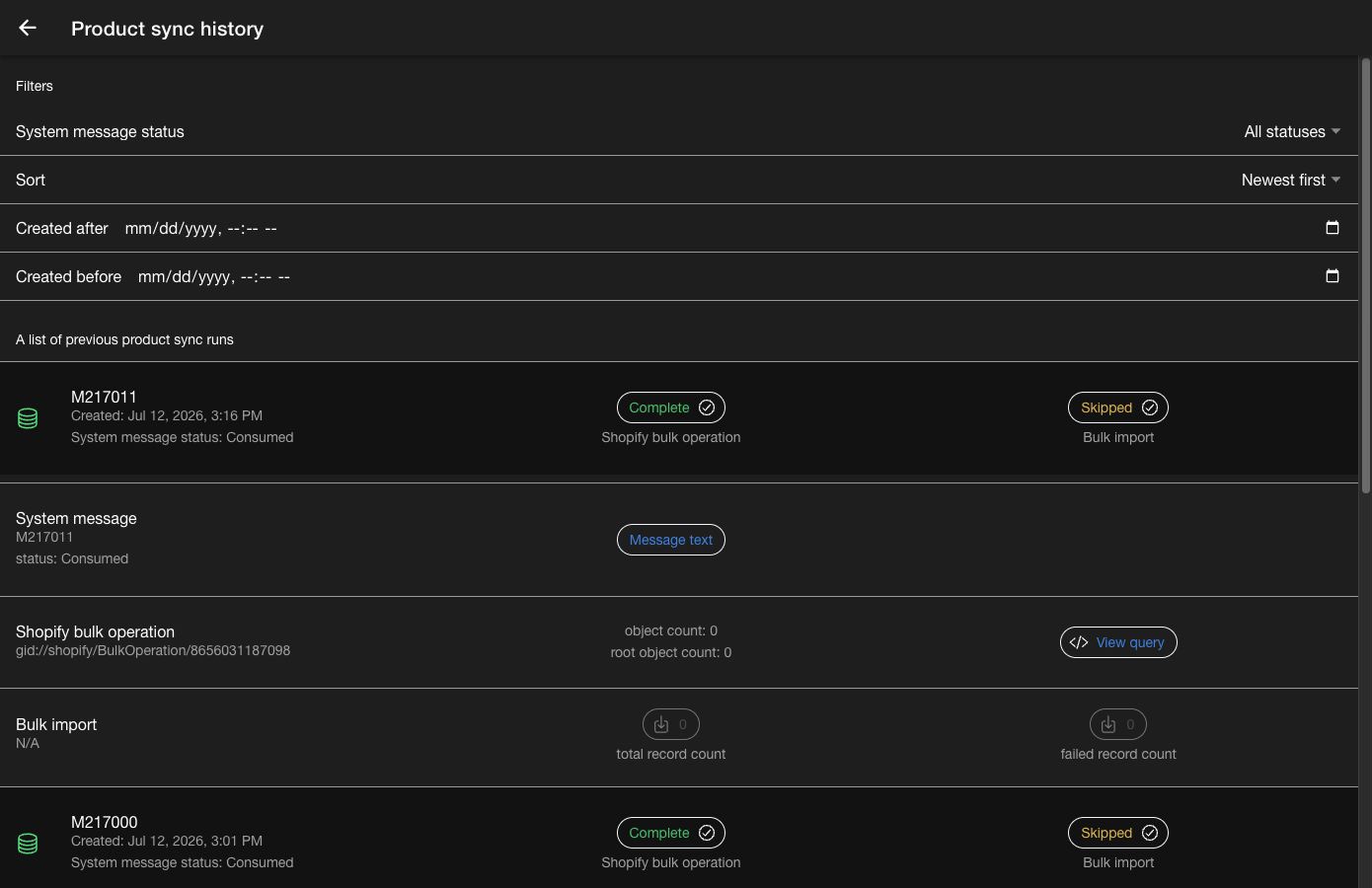 Product sync history with an expanded run