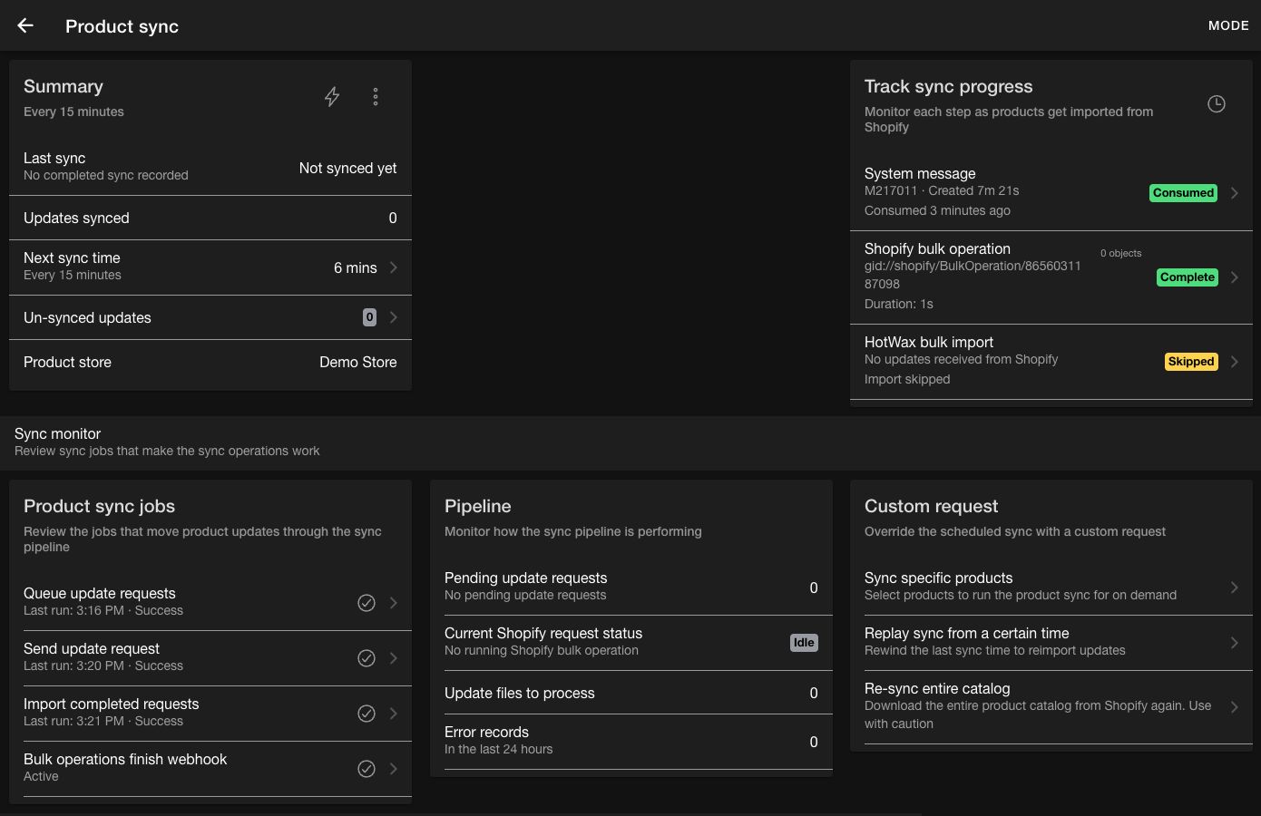 Product sync dashboard with summary, progress, jobs, pipeline, and custom requests